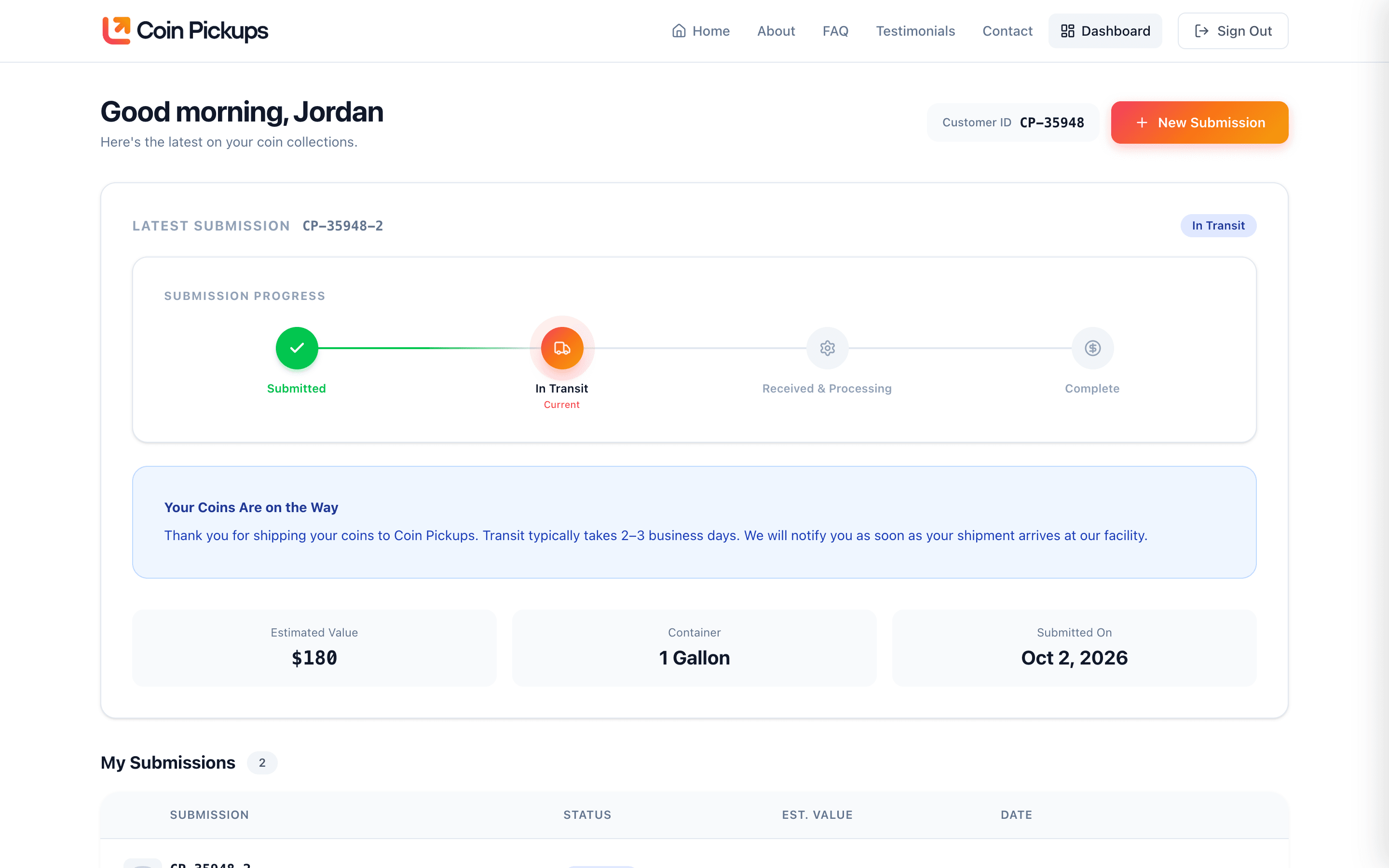 Coin Pickups customer dashboard