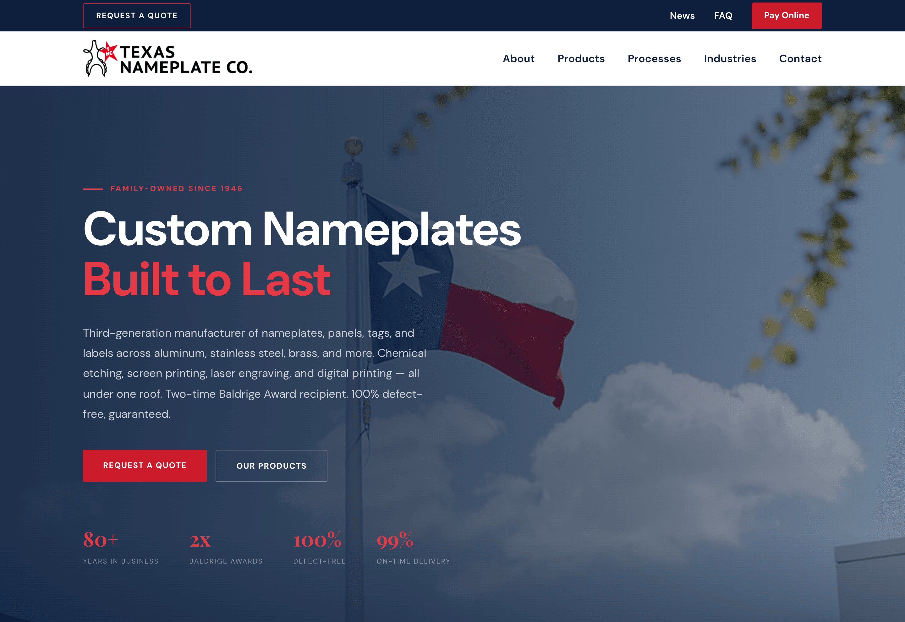 Texas Nameplate Co. homepage, rebuilt by Deyo