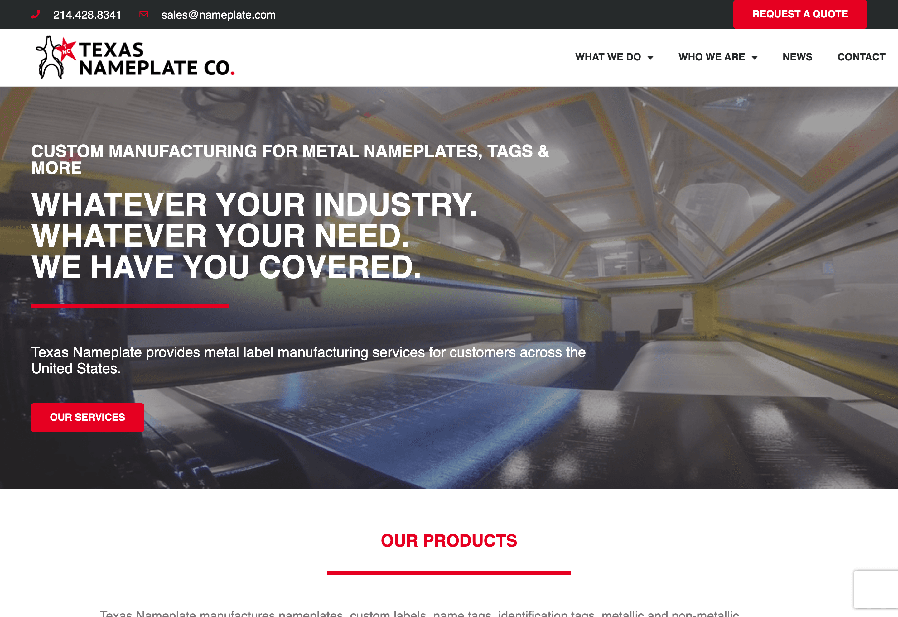 Texas Nameplate Co. homepage on WordPress, before the rebuild
