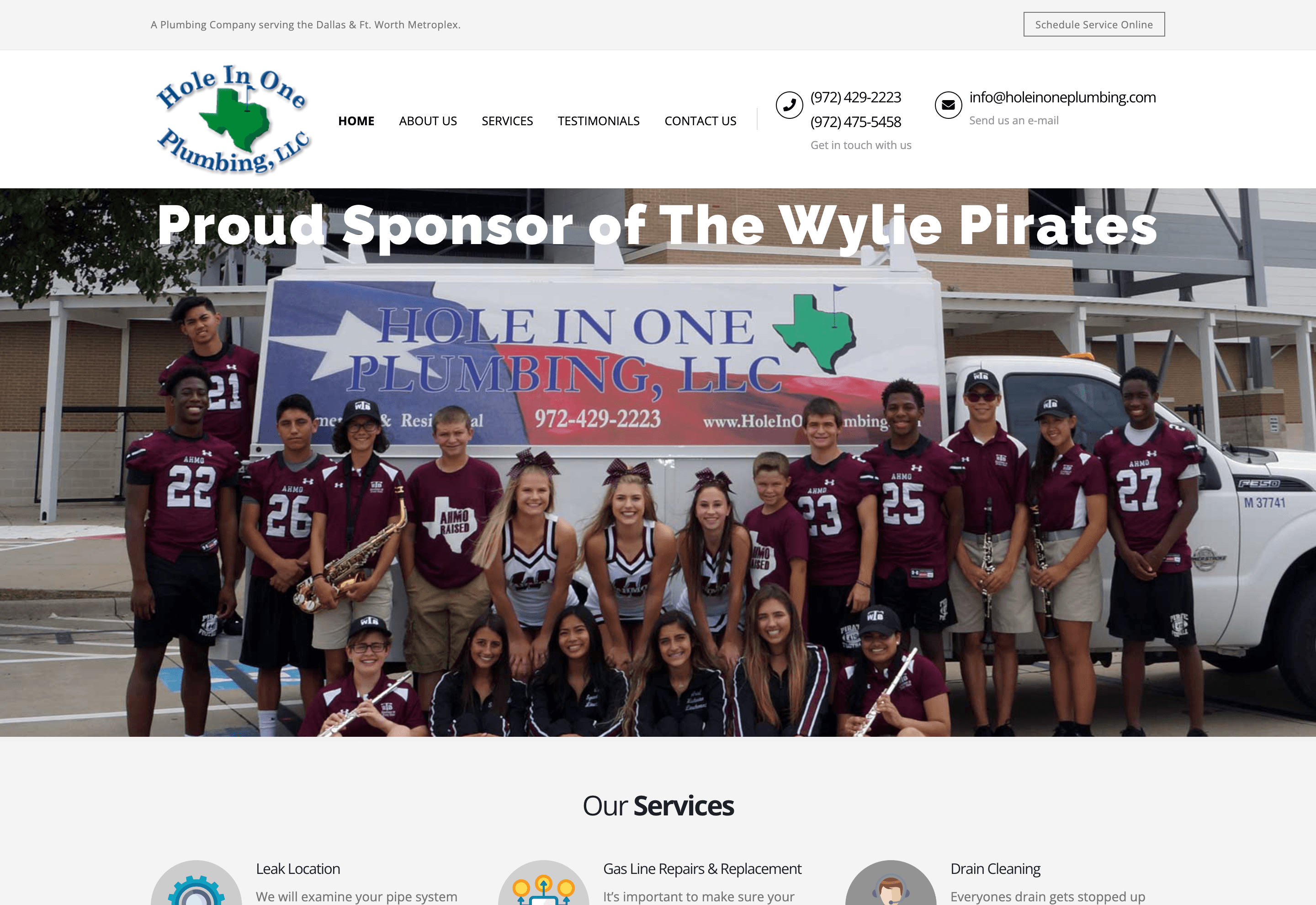 Hole in One Plumbing homepage on WordPress, before the rebuild